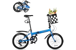 HIMCUP 20” Folding Bike for Adult Men Women, 7 Speed Foldable Commuter Bike with Detachable Basket, Lightweight Folding Bicycle with Adjustable Seat & Front and Rear V-Brakes,Outdoor Beach Cruiser Bike