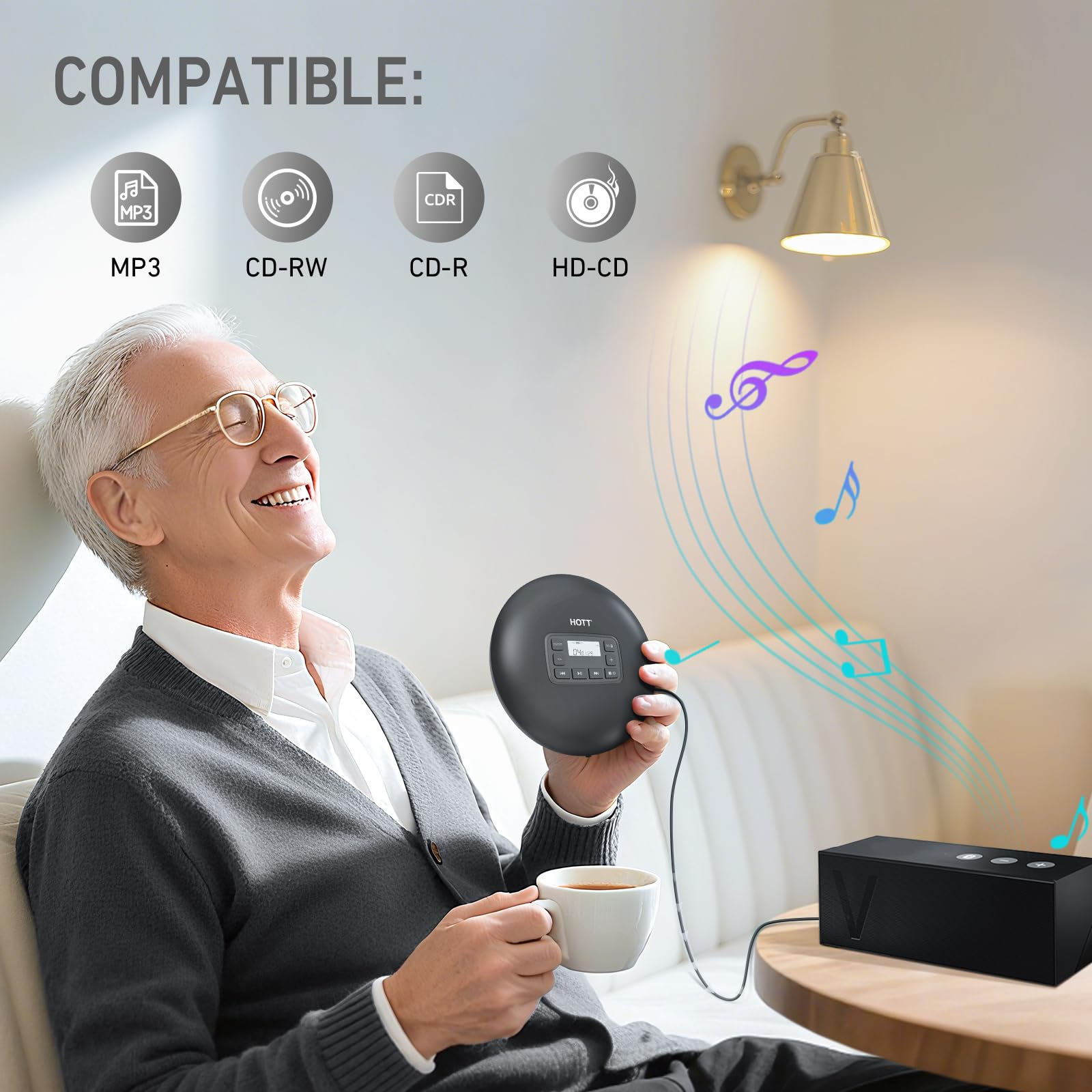 HOTT C204 Basic Portable CD Player with Anti-Skip Protection - AA Battery Powered, Compact CD Players MP3/CD-R Compatible, Built-in Headphones & AUX Output for Car