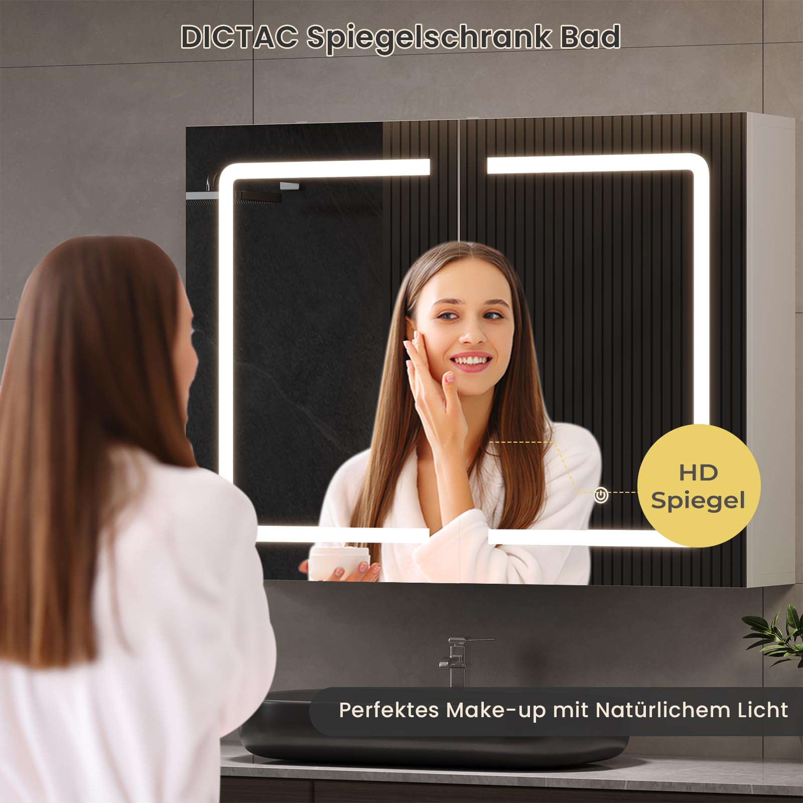 DICTAC Badezimmer spiegelschrank mit Beleuchtung 80x60x16cm Spiegelschrank Bad mit LED und Steckdose 80 cm Breit Doppeltür Badschrank mit Spiegel und Ablage,Hängeschrank,Berührung Sensorschalter,Weiß 3