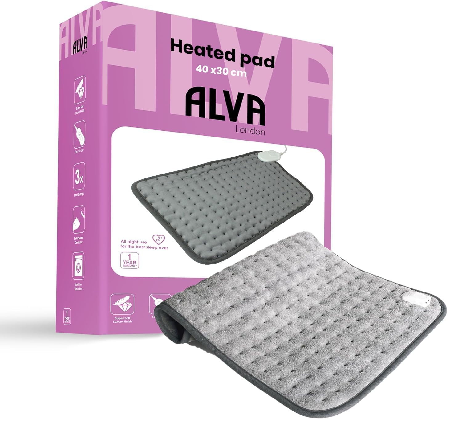 Alva Electric Heating Pad – 4 Heat Levels, Washable Fleece Cushion Pad – Back, Neck, Shoulder, Knee, Period Cramp Pain Relief, Small Heated Pad for Women & Men (Gray, 30x40 cm)