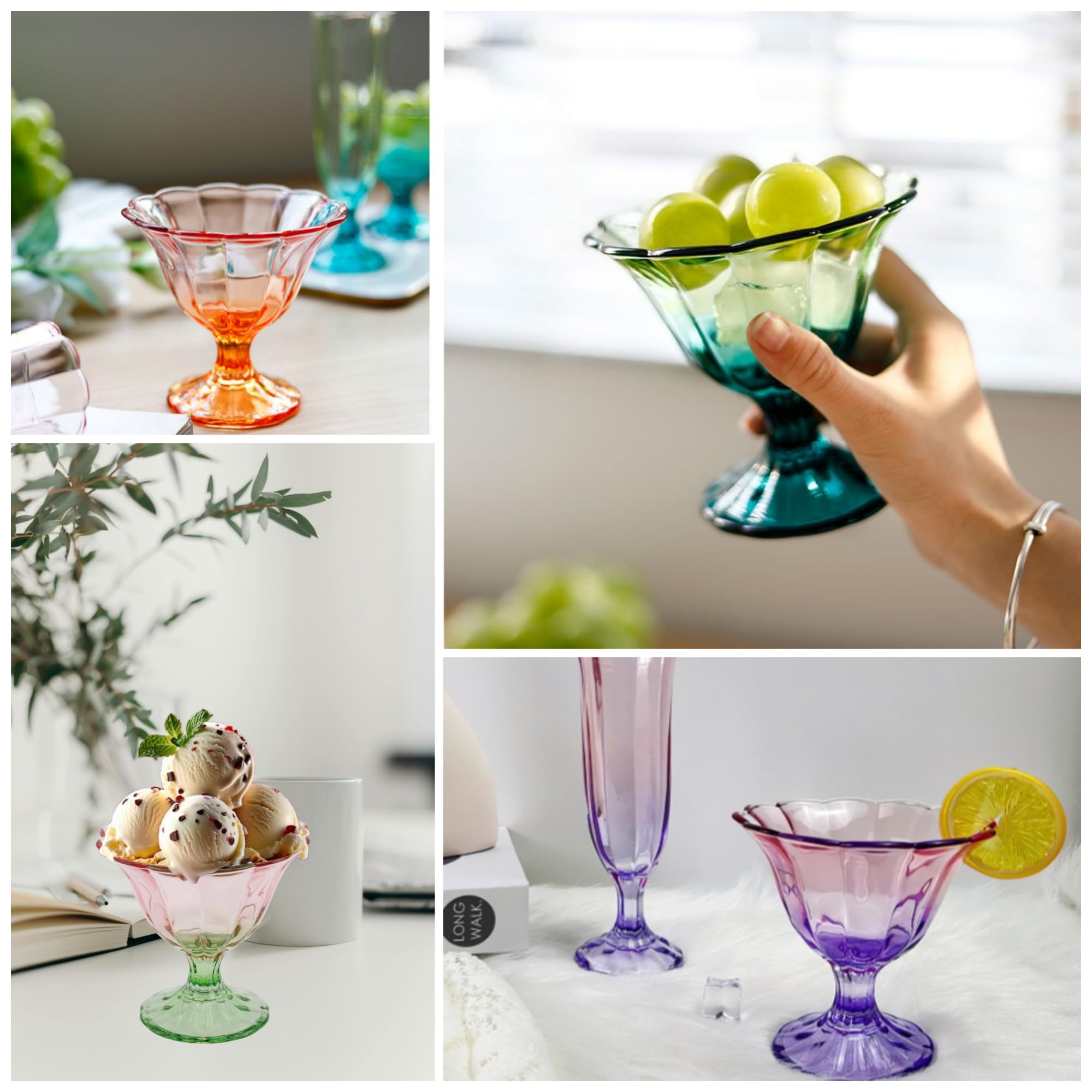 Glass Dessert Bowls 10 Oz Set of 4 Ice Cream Cups Footed Bowl Green Clear Drinking Cup for Sundae, Dessert, Candy, Fruit, Ice Cream, Snack Pudding