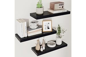 FUQING Black Floating Shelves for Wall, Wooden Shelves for Wall Set of 3, Modern Black Shelves for Bedroom Living Room Bathroom Kitchen, Shelves for Wall Decor Storage - Black