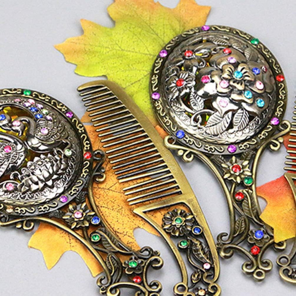 Minkissy Metal Mirror Comb Retro Comb Antique Mirror Vintage Mirror Comb Set for Lady Woman Christmas Birthday Gift (Mixed Pattern) - Image 4