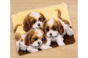 YAKOLECI Latch Hook Kits for Adults, Color Printed Canvas Rug Crochet Yarn Kits, DIY Bath Mat Home Decoration Gifts (Three Puppies)