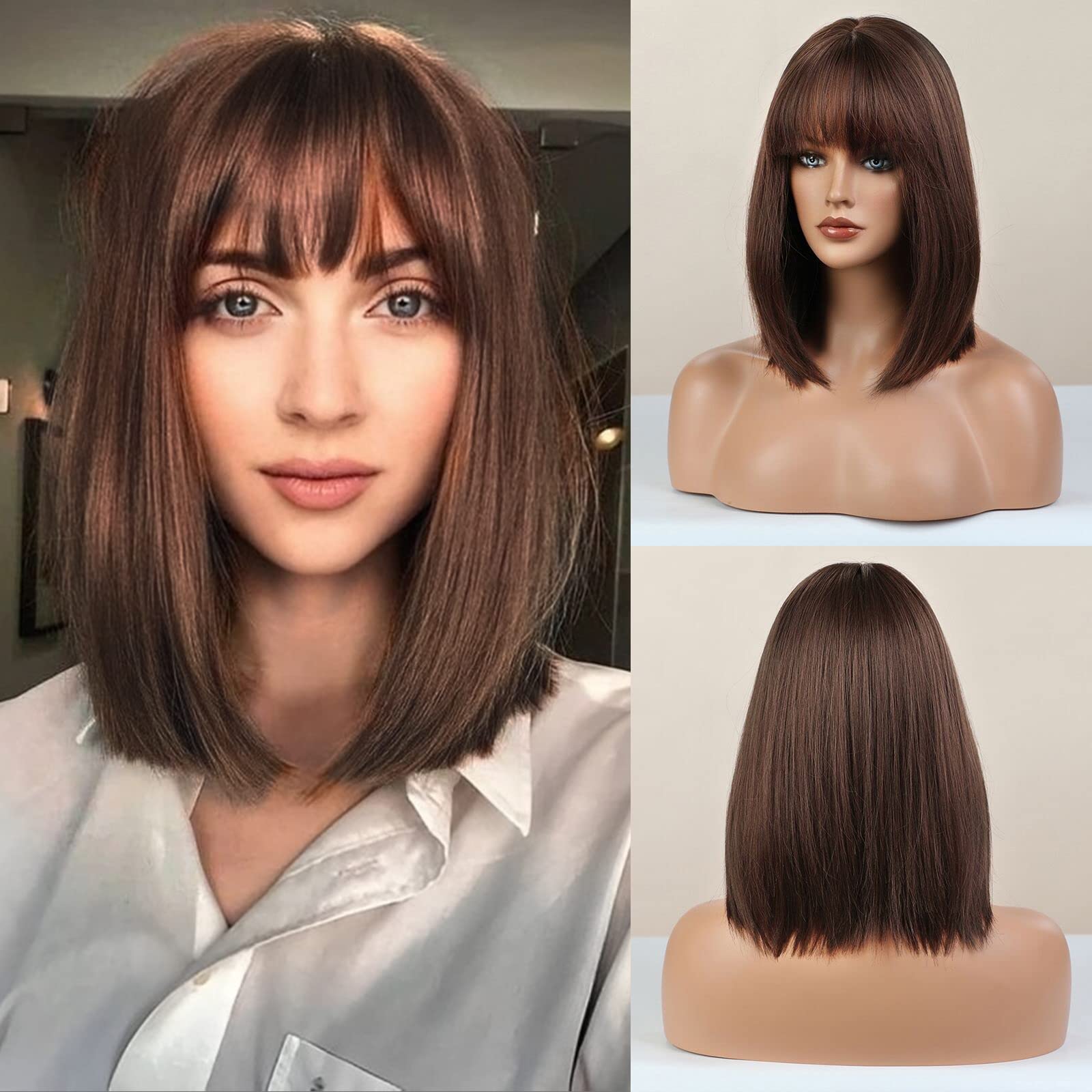 EMMOR Brown Bob Wig for Women Natural Curly Synthetic Wigs With Bangs for Girls Party Cosplay Daily Use Wig