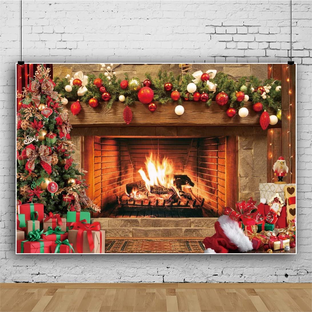 Bovlleetd 9x6ft Fireplace Background Christmas Tree Colorful Gift Box Photography Background Christmas Themed Activities Party Decoration Banner for Photo Booth Props Boudoir Decor