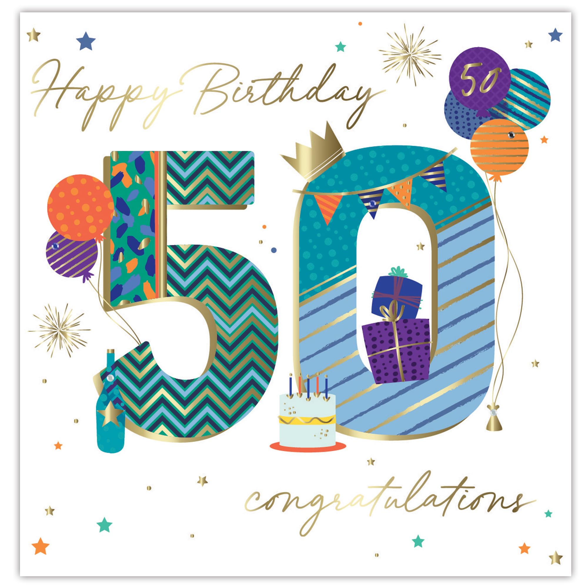 Ling Designs 50th Birthday Card for Men - Star, Balloon and Present Design - Age 50 - Handfinished Embellishments - Premium Special Birthday Greeting Card with Envelope