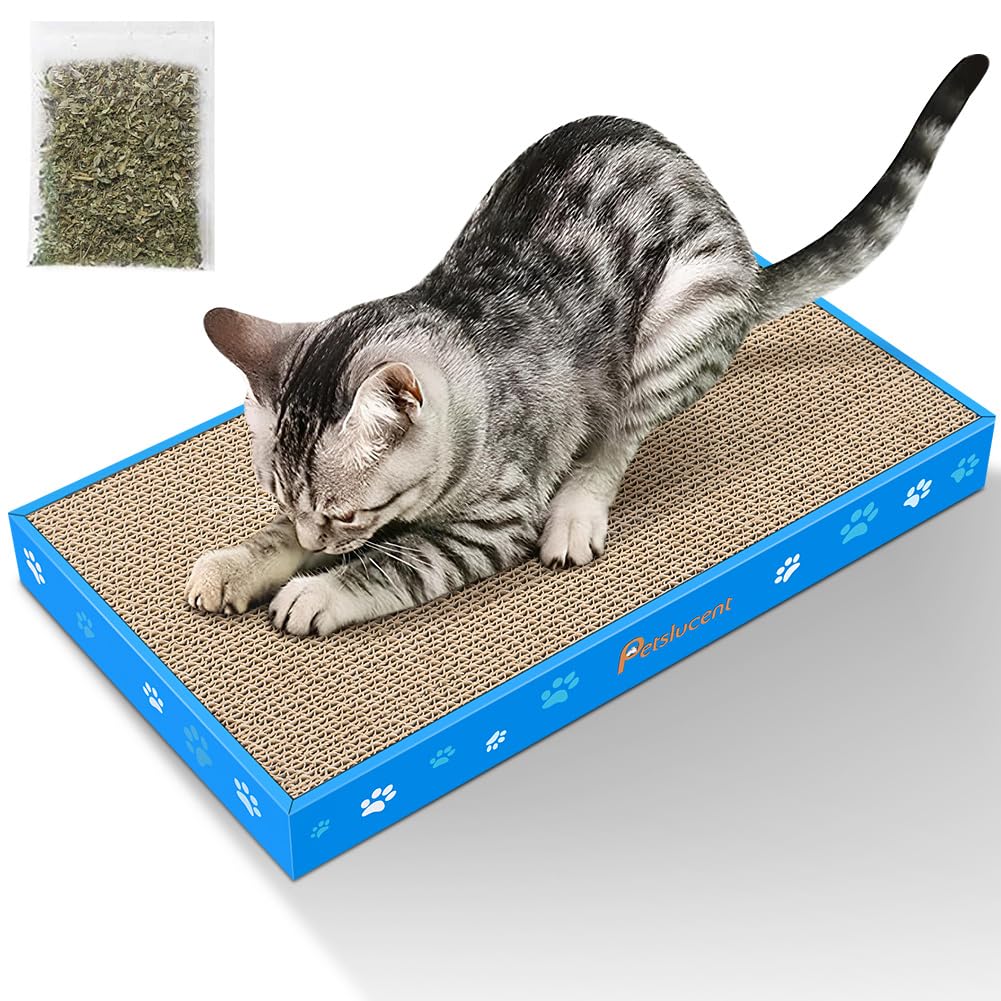 Petslucent Cat Scratching Board, Corrugate Cat Scratcher for Indoor Cats with Box, Scratch Pad with Catnip, Cardboard Cats Scratcher Double-Sided Usability (1PCS)