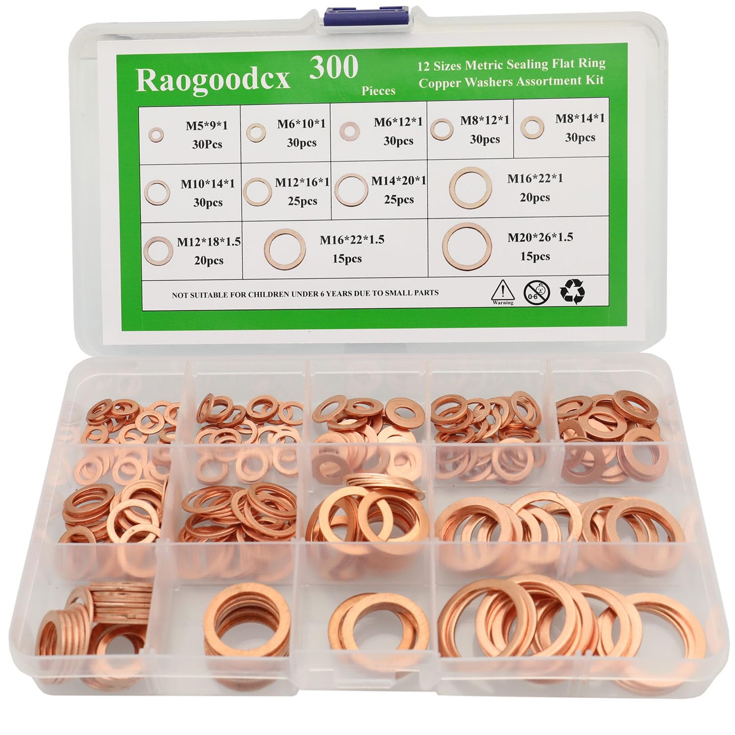 300Pcs 12 Sizes Copper Washer Metric Sealing Washers Assortment Set- M5 M6 M8 M10 M12 M14 M16 M20