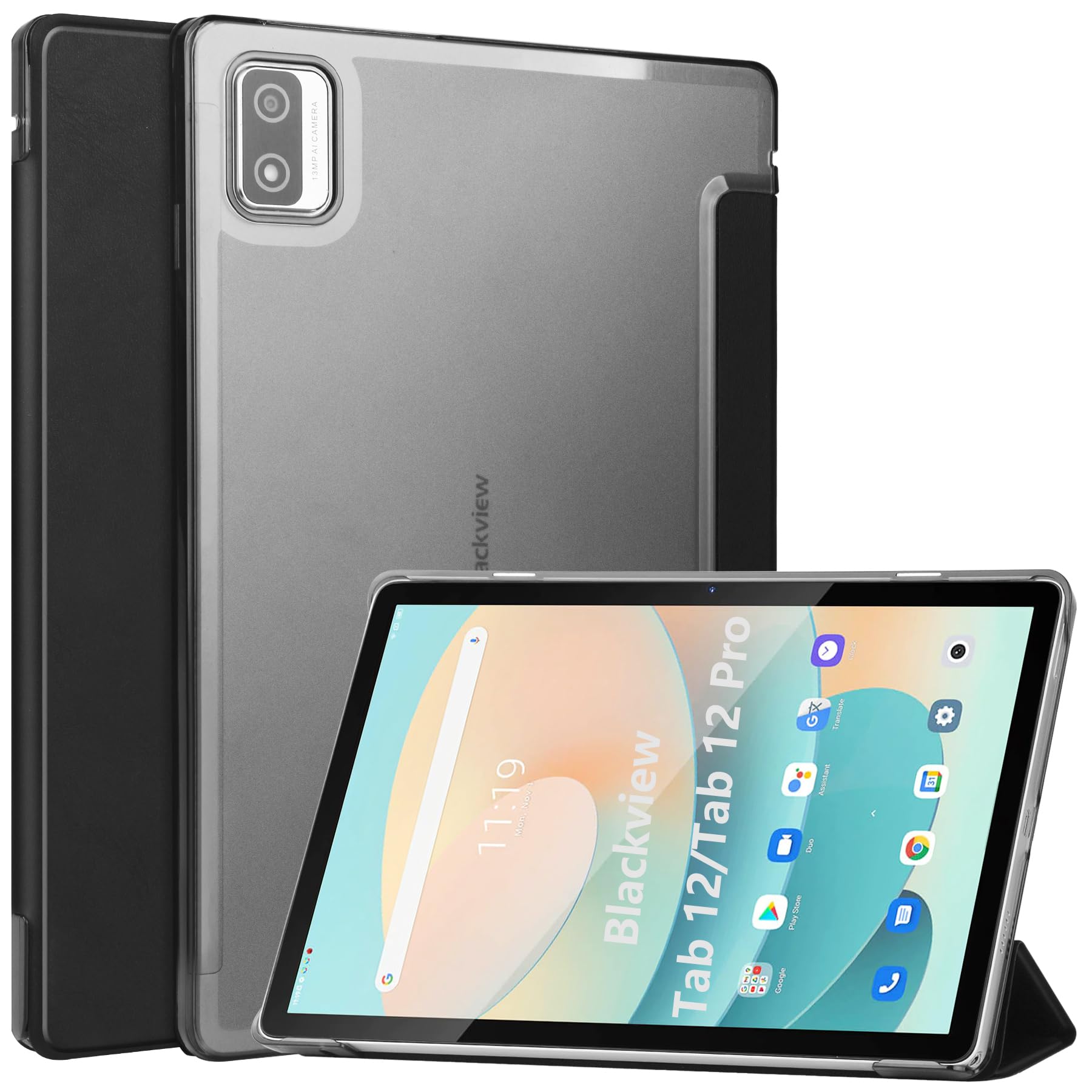 Dlahaby Case - Compatible with Blackview Tab 12 & 12 Pro, PU Leather & Hard Clear PC with Stand Function Flip Cover for Tablet, Black