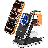 3 in 1 Charging Station Compatible with MagSafe for Apple, SwanScout 304M, Magnetic Wireless Charger Stand with 5000mAh Detachable Portable Charger for iPhone Air/17, Apple Watch, AirPods (No Adapter)