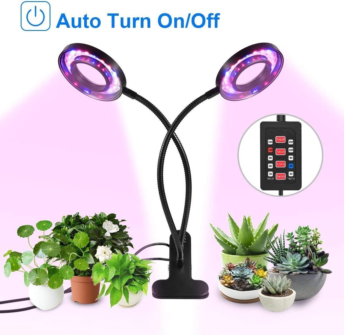 Ankace Auto Turn On/Off 18W Dual Head Timing, 36 LED 5 Dimmable Levels Grow Lights for Indoor Plants with Red/Blue Spectrum, 3/6/9/12/15H Timer, 3 Switch Modes