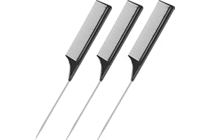 Leinuosen 3 Packs Rat Tail Comb Steel Pin Rat Tail Carbon Fiber Heat Resistant Teasing Combs with Stainless Steel Pintail (Black)