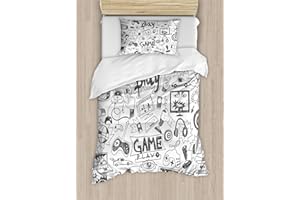 Ambesonne Video Games Duvet Cover Set, Monochrome Sketch Style Gaming Design Racing Monitor Device Gadget Teen 90's, Decorative 2 Piece Bedding Set with 1 Pillow Sham, Twin Size, White and Charcoal