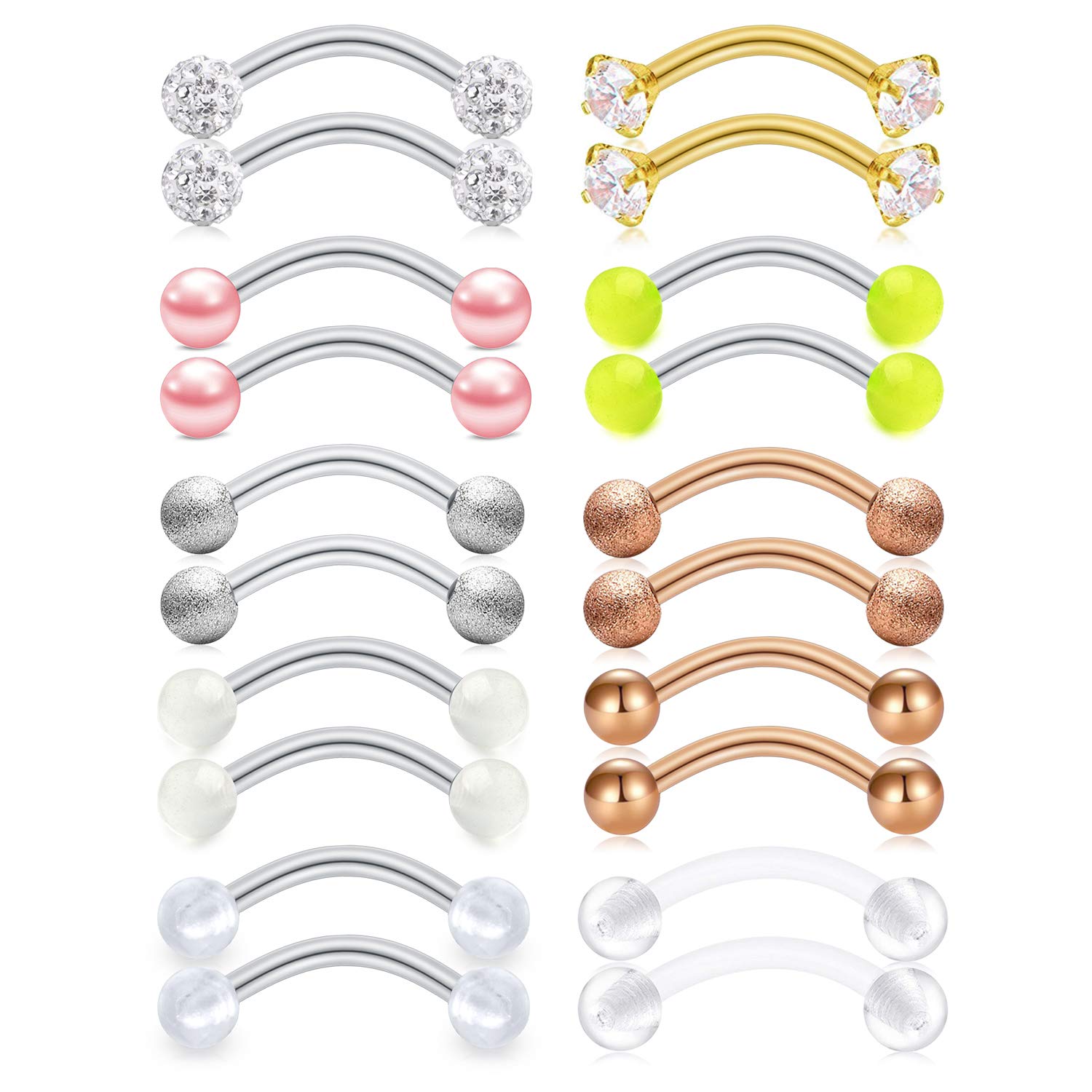 Rajnard 20pcs 16G Eeybrow Bar Surgical Steel Daith Rook Earrings 8mm Curved Barbell Eyebrow Rings Piercing Jewelry for Women Men