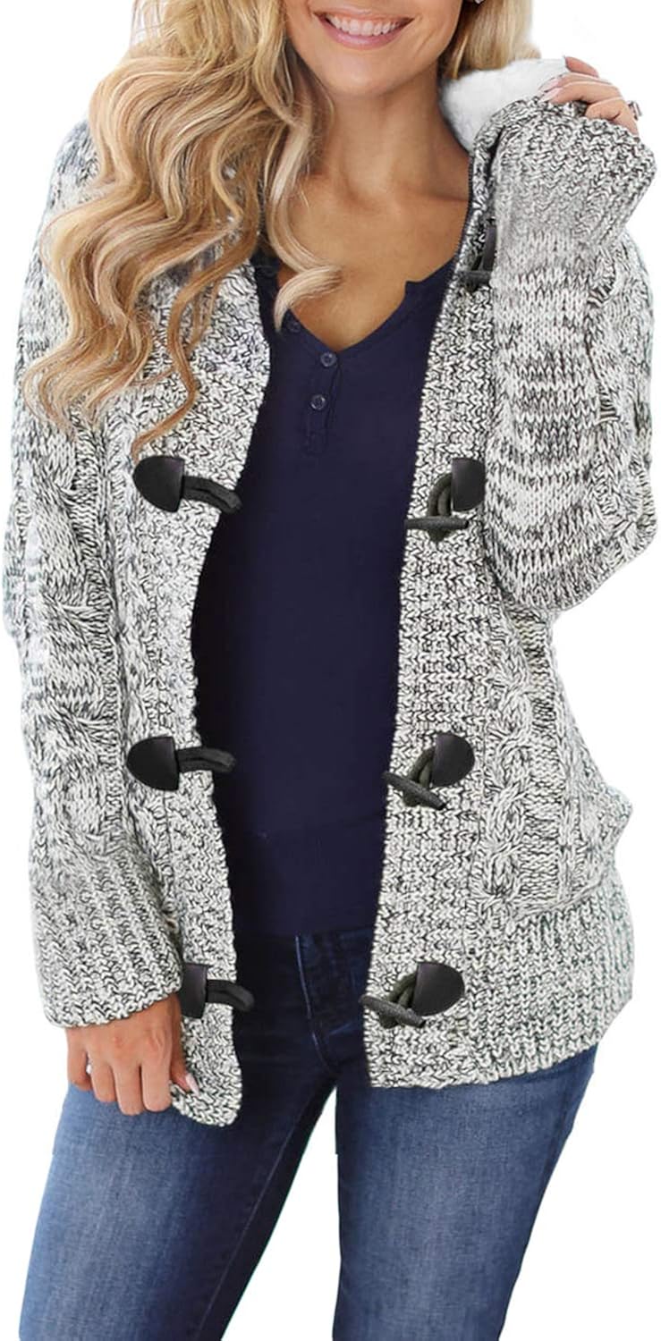 Sidefeel Women Button Up Cardigan Knit Hooded Cable Sweater Coat Outwear