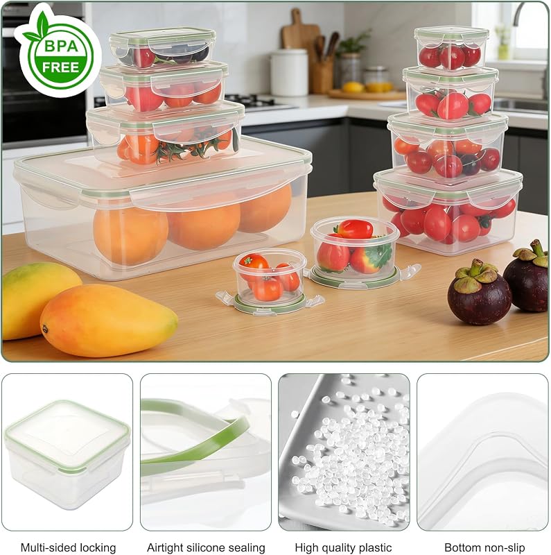 Conjunto de 10 recipientes de plástico hermético com tampa, sem BPA, empilháveis e estanques para alimentos, recipientes plásticos para micro-ondas, frigorífico e máquina de lavar loiça