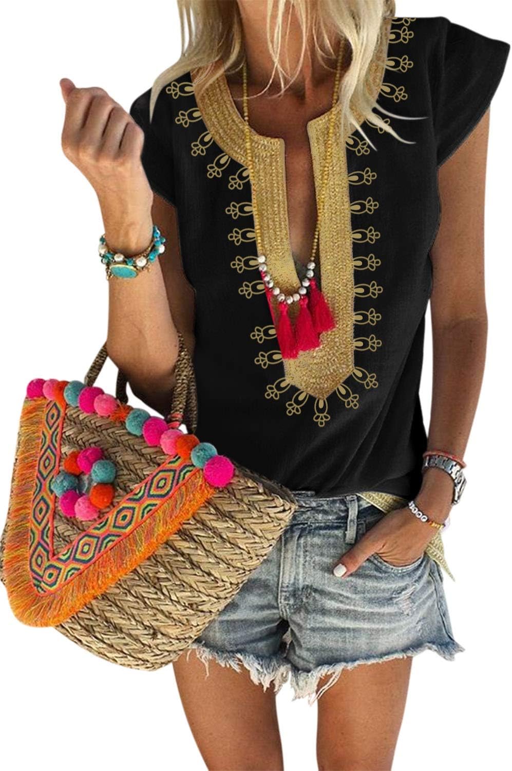 FARYSAYSWomen's Summer Boho Embroidered V Neck Short Sleeve Shirts Casual Loose Blouses Tops