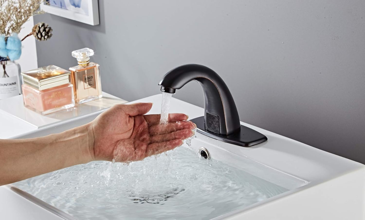 Luxice Automatic Touchless Bathroom Sink Faucet with Hole Cover Plate, DC Powered Sensor Hands Free Bathroom Tap with Control Box and Temperature Mixer, AA Battery, Black - - 