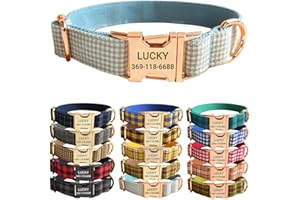 PETDURO Personalized Gingham Plaid Dog Collar Baby Blue - Engraved Name and Phone Number on Rose Gold Metal Buckle - Custom f