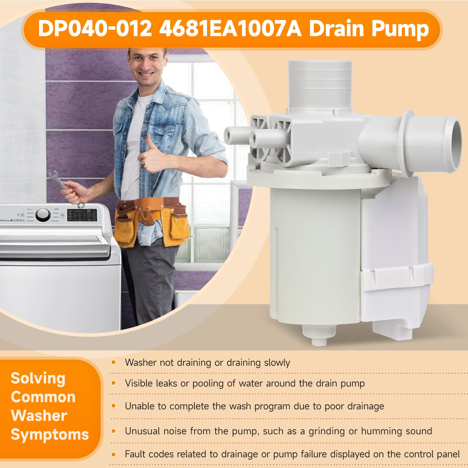 DP040-012 4681EA1007A Drain Pump (OEM) Replacement for LG Washer Drain Pump, Replace 5859EA1004F 5859EA1004P 5859EA1004G WH23X10020, Fits for WT1101CW WT1201CV WT1201CW WT4870CW WT1501CW 79631513210