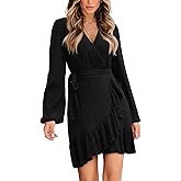 CUPSHE Womens Ruched Fall Dresses V Neck Long Sleeve Belted Ruffled Casual Bodycon Flowy Party Elegant Mini Cocktail Dress