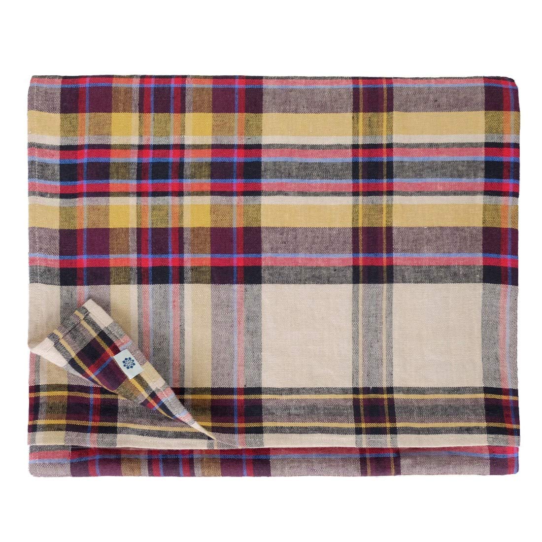 Linen & Cotton Tablecloth CURTIS, 100% Stonewashed Linen, Yellow/Bordeaux Red/Blue - 130 x 170 cm (52'' x 68'') - Long Rectangular Table Cloth for Home Decoration Kitchen Dining Wedding Party