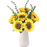 Kiooaci Artificial Flowers with Ceramic Vase, Silk Sunflower Fake Flowers in Vase for Home Office Decoration, 15'' Floral Arrangements for Dining Table Centerpiece, Bathroom, Wedding Decor