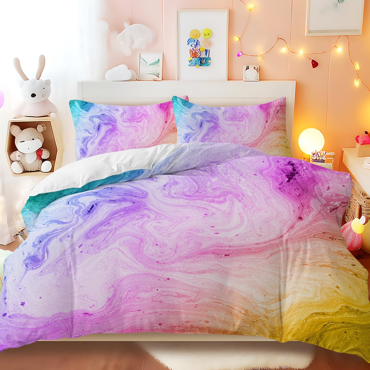 BlessLiving Colorful Marble Bedding Pastel Pink Blue Purple Duvet Cover Set Marble Abstract Art Bed Set 3 Piece Bright Girly Bedspreads(King)