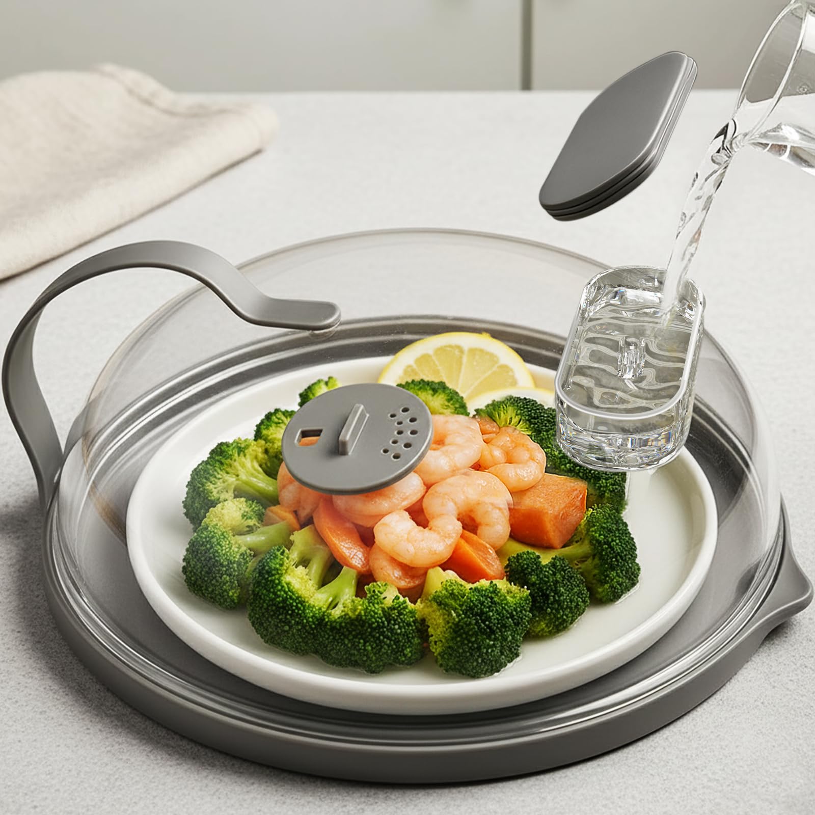 Photo 1 of Microwave Splatter Cover with Water Steamer for Food - 10 Inch Steam Microwave Splatter Guard with Handle Plate Covers for Heating Food Splash Oven Lid with Built in Steamer
