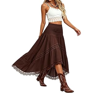 FOMELY Women's Maxi Skirts Boho Elastic High Waist Flowy A Line Long Skirt | smocked waist, hi-low, lace trim hem, double lay