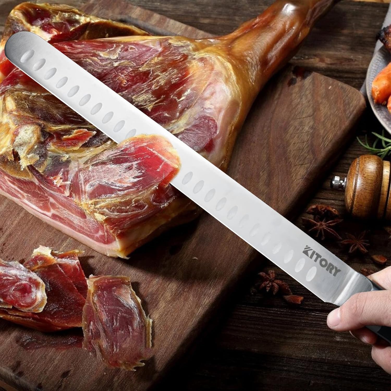 Kitory Schinkenmesser 30cm Tranchiermesser Brisket Messer aus Deutschem hochwertigem Edelstahl, Scharfe Aufschnittmesser mit Ergonomischem Pakkaholz Griff mit Geschenkbox 5