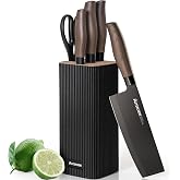 Astercook Knife Set, 6-Piece Kitchen Knife Set with Block, High Carbon Stainless Steel Ultra Sharp Kitchen Knives, Wood Grain Handle, Dishwasher Safe Knife Block Set, Black, Kitchen Utility Knives