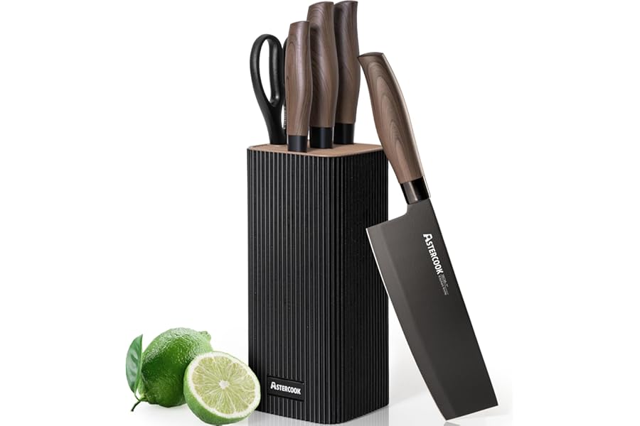 Astercook Knife Set, 6-Piece Kitchen Knife Set with Block, High Carbon Stainless Steel Ultra Sharp Kitchen Knives, Wood Grain Handle, Dishwasher Safe Knife Block Set, Black, Mothers Day Gifts
