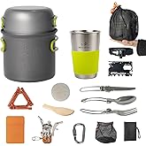 WAILAMHK Camping Cookware Mess Kit, 16 pcs Backpacking Cooking Set, Lightweight Camping Pots and Stove Set for 1-2 Person, Outdoor Cooking Gear Ideal for Camping, Hiking, Backpacking and Picnic