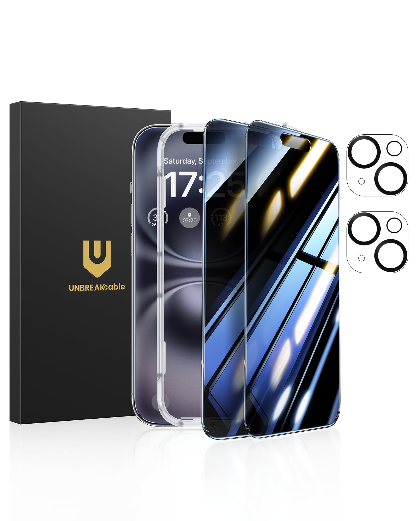 Photo 1 of UNBREAKcable Privacy Screen Protector for iPhone 16 (6.1-Inch), 2-Pack + 2 Lens Protectors?25° Anti-Spy?9H Hardness?Anti-Fingerprint?HD Clarity Tempered Glass