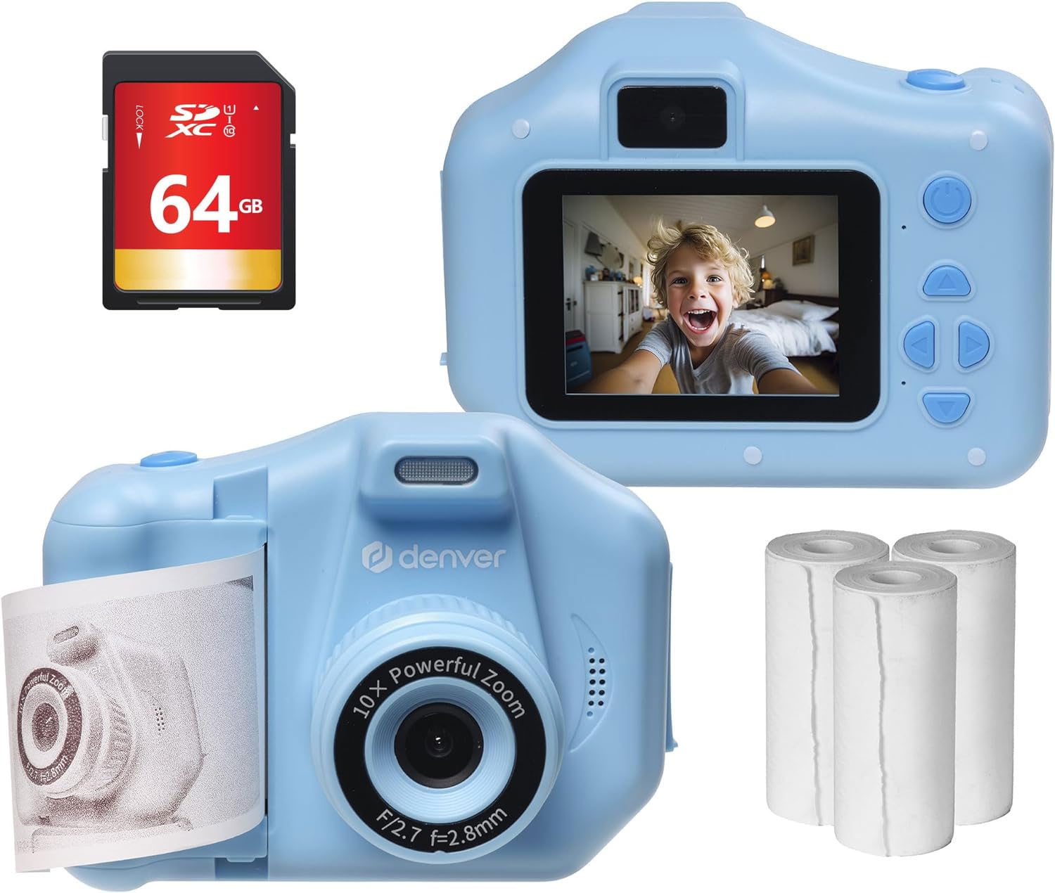 Denver Kids Instant Print Camera With 150 Photo Paper & 64GB SD Card – Rechargeable, 10X Zoom Photo, 1440P HD Video Digital Camera for Children with 4 Games, Selfie Lens & Photo Cartoon Frames - Blue