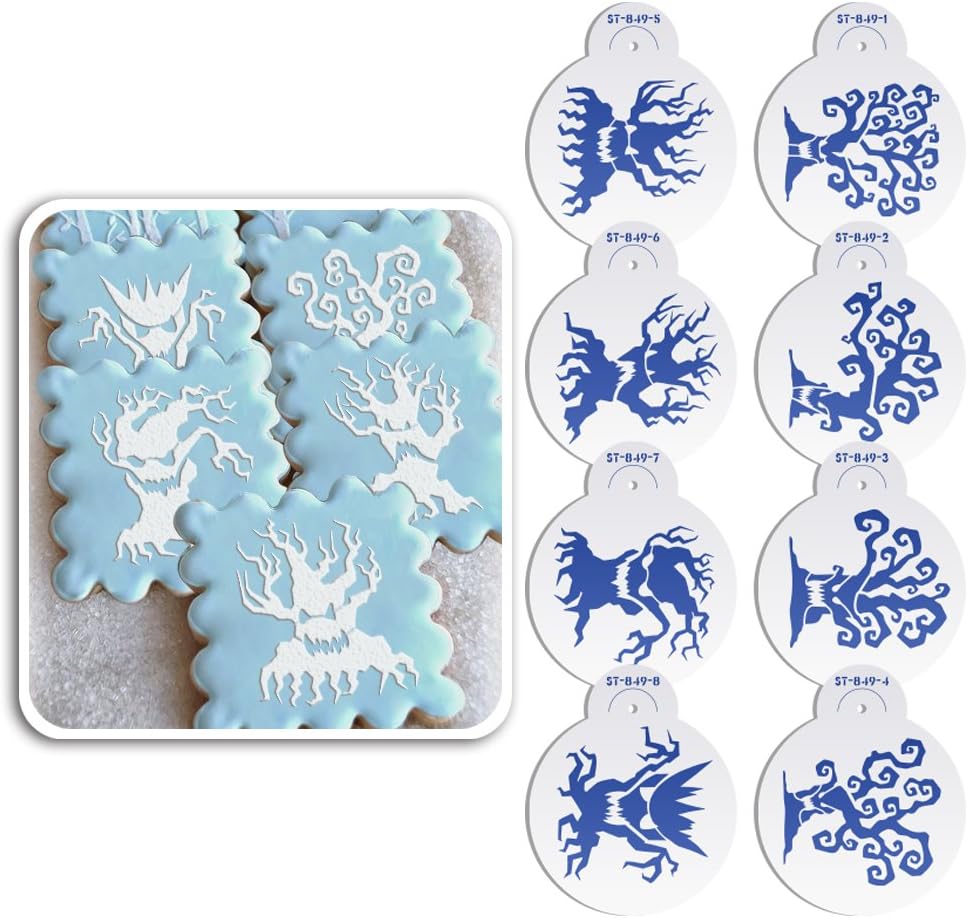 ART Kitchenware 2.76Inch 8pcs Halloween Tree Cookie Cake Stencil Set Cupcake Decoration Plastic Stencil Template Fondant Cake Decorating Tool Semi-Transparent ST-849S