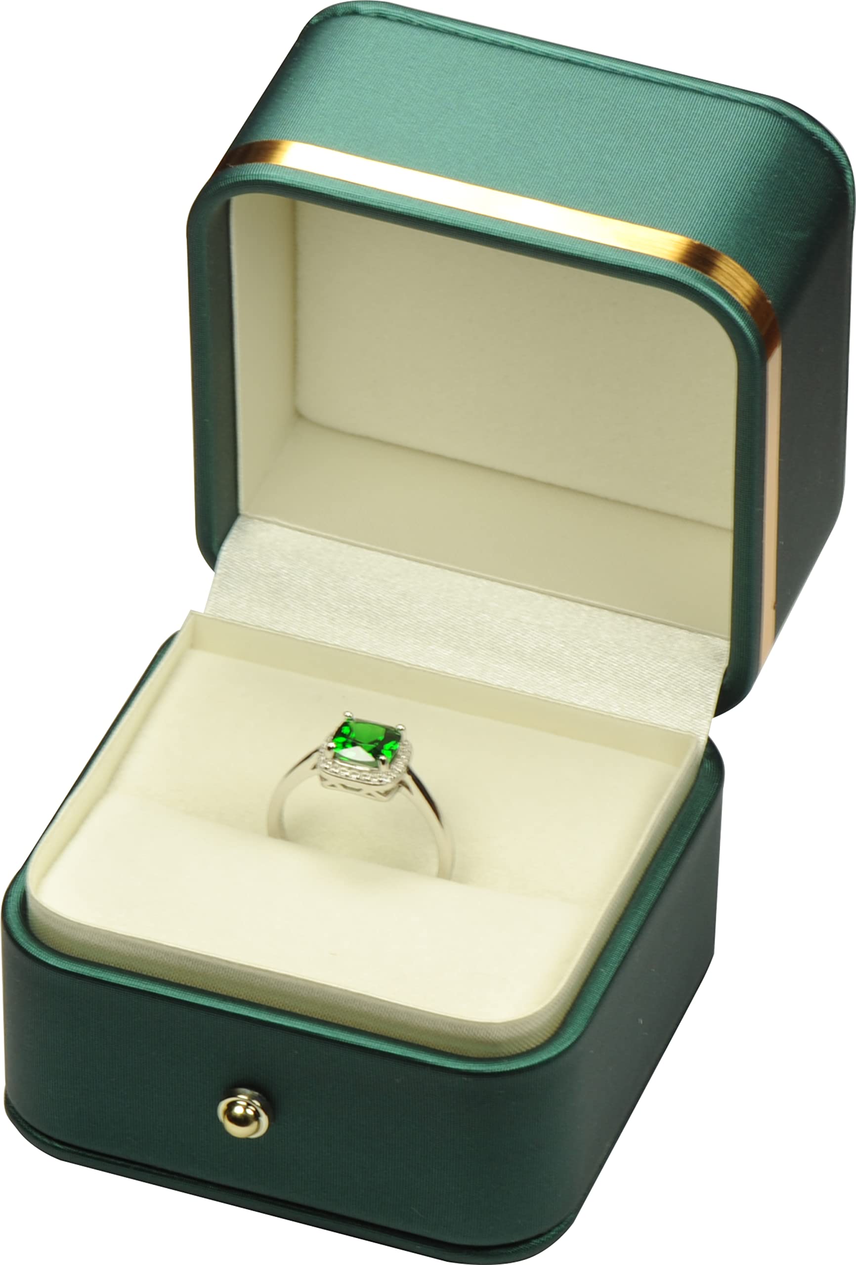 Photo 1 of Ring Box for Wedding Proposal Engagement for Men Women Luxury Soft Touch Premium Green Color PU Leather Ring Jewelry Gift Holder Box with Elegant Gold Trim and Gold Button Design Ring Gift Box