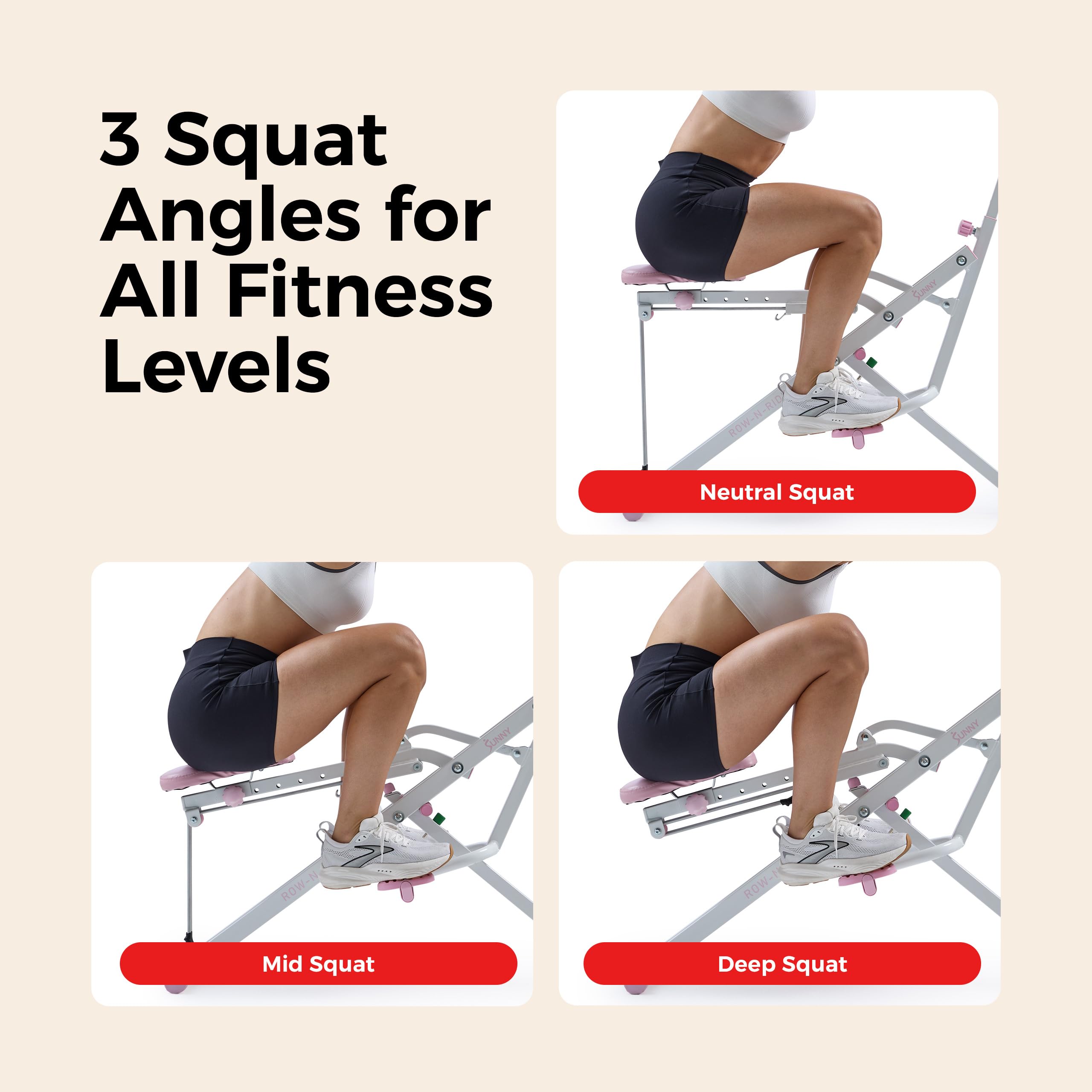 Sunny Health & Fitness Smart Row-N-Ride Glute & Leg Trainer, Foldable Squat Assist Rower with Exclusive SunnyFit App Connection