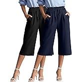 Locoowai 2 Pack Women's Wide Leg Linen Capri Pants Casual High Waist Cropped Palazzo Summer Trousers with Pockets