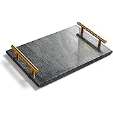 Moreast Black Real Marble Tray with Golden Handle, Natural Stone Decorative Tray with Metal Handle for Bathroom Kitchen Vanity Dresser Nightstand Desk, 11.8" x 7.9" Black