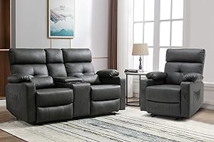 Consofa Recliner Sofa for Living Room Set, 2 Pieces Recliner Furniture Sofa Set, Power Reclining Loveseat and Power Recliner Chair, Recliner Loveseat with Center Console & Cup Houlders for Living Room