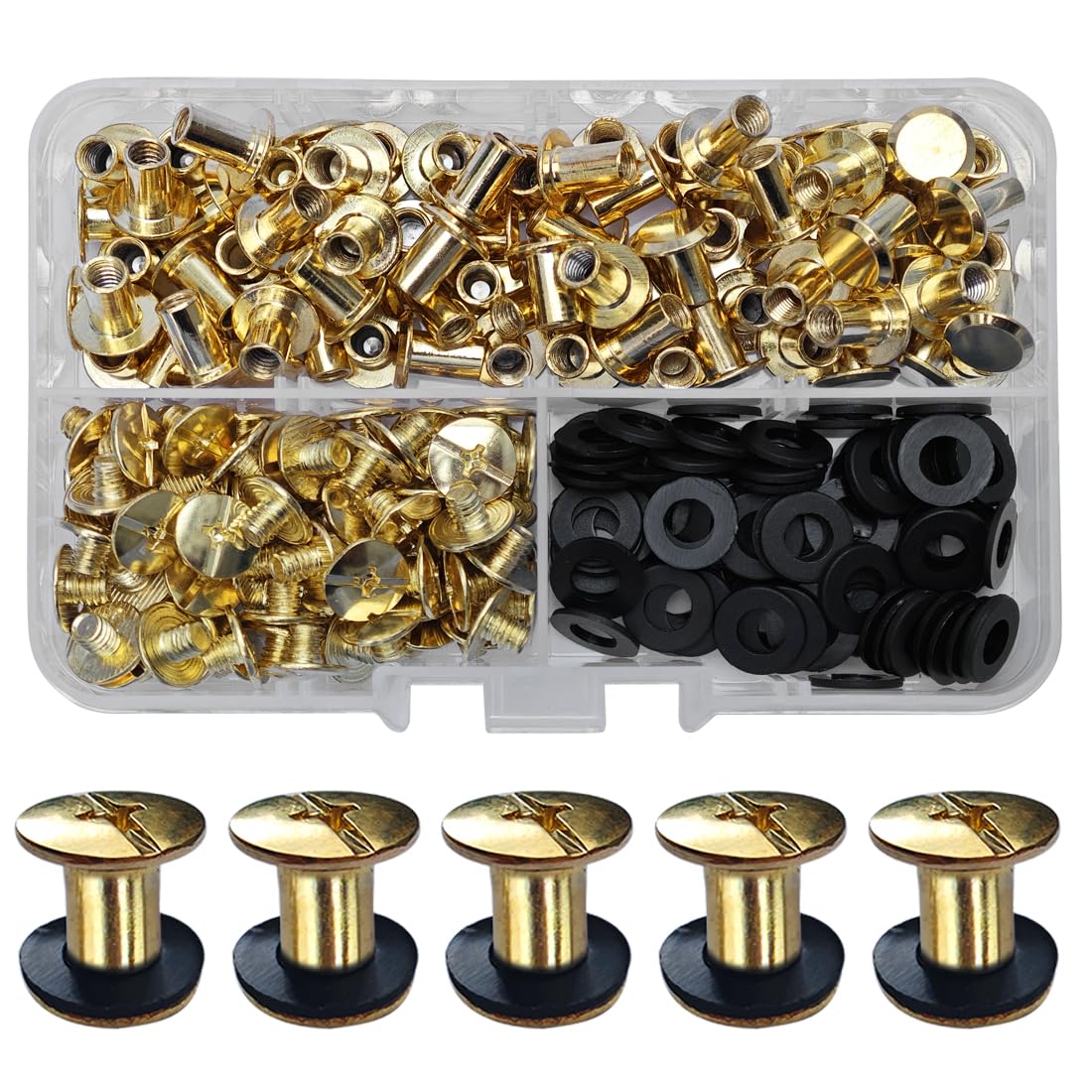 SHSMPXOY 80 Set Chicago Screws Posts for Leather Rivets M5*8mm Chicago Book Binding Screws Rivets Cross Head Chicago Button Screws for DIY Book Scrapbook Bookbinding, Bags,Collars(Gold)