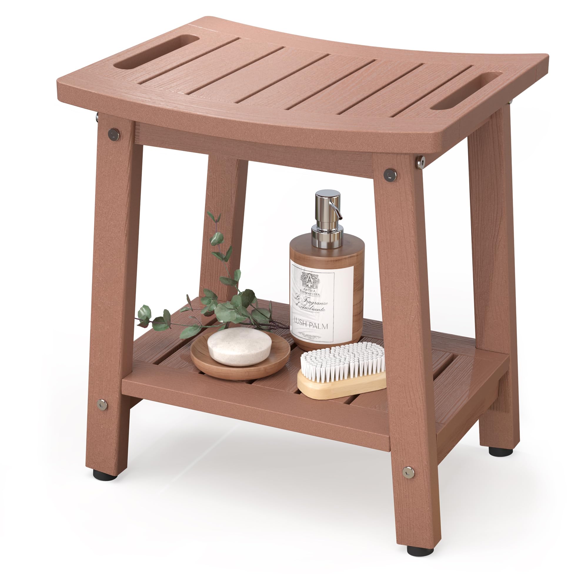 Photo 1 of BEKVEM Shower Bench for Inside Shower, Teak-Color HDPE Shower Stool Waterproof, Spa Bathroom Seat Chair with Handle, Storage Shelf & Adjustable Feet - Indoor/Outdoor, Weather Resistant