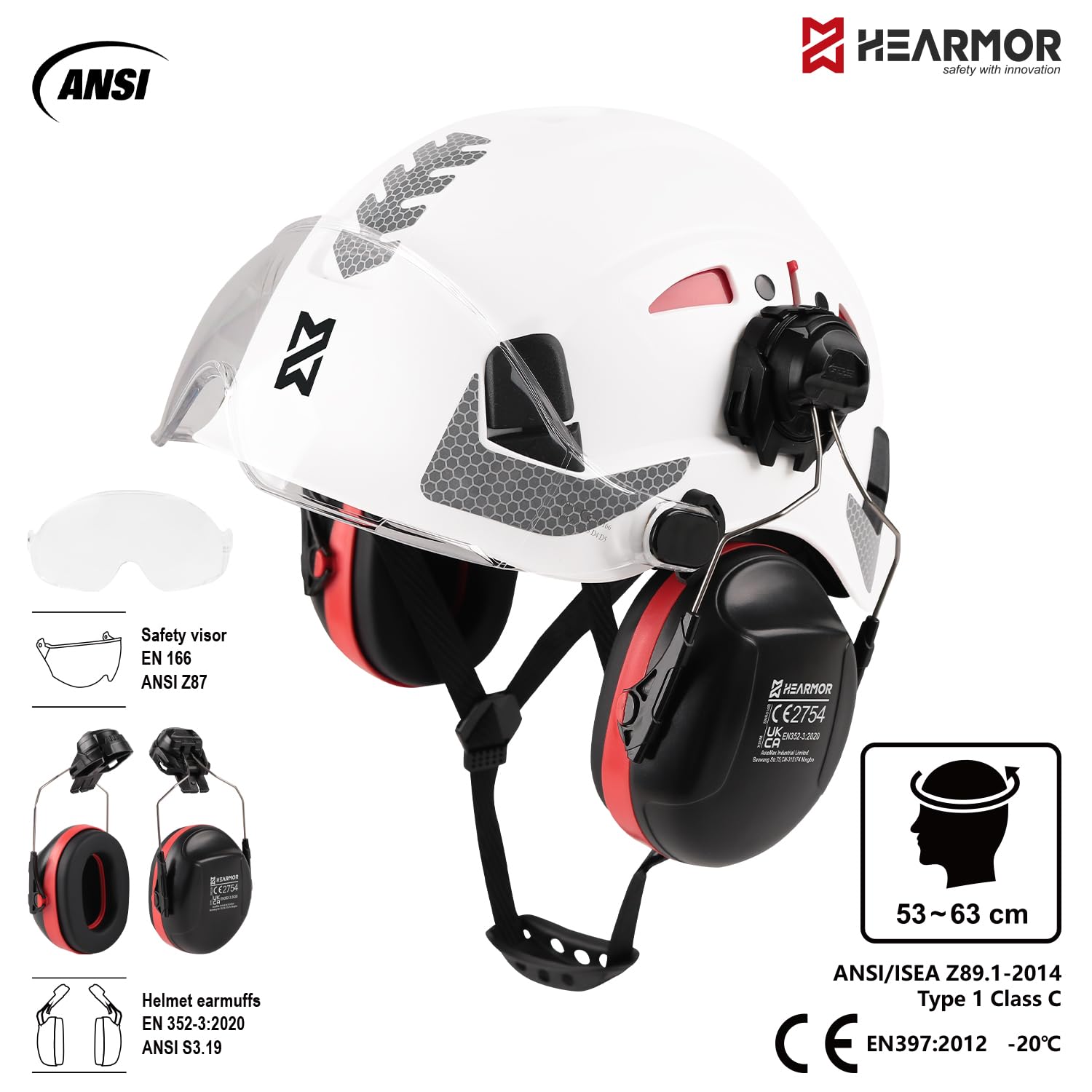 HEARMOR Schutzhelm mit Gehörschutz und Visier, EN 397 Zertifizierter Belüfteter Arbeitshelm, 6-Punkt-Aufhängung, Ideal für Industrie und Baugewerbe, Weiß 4