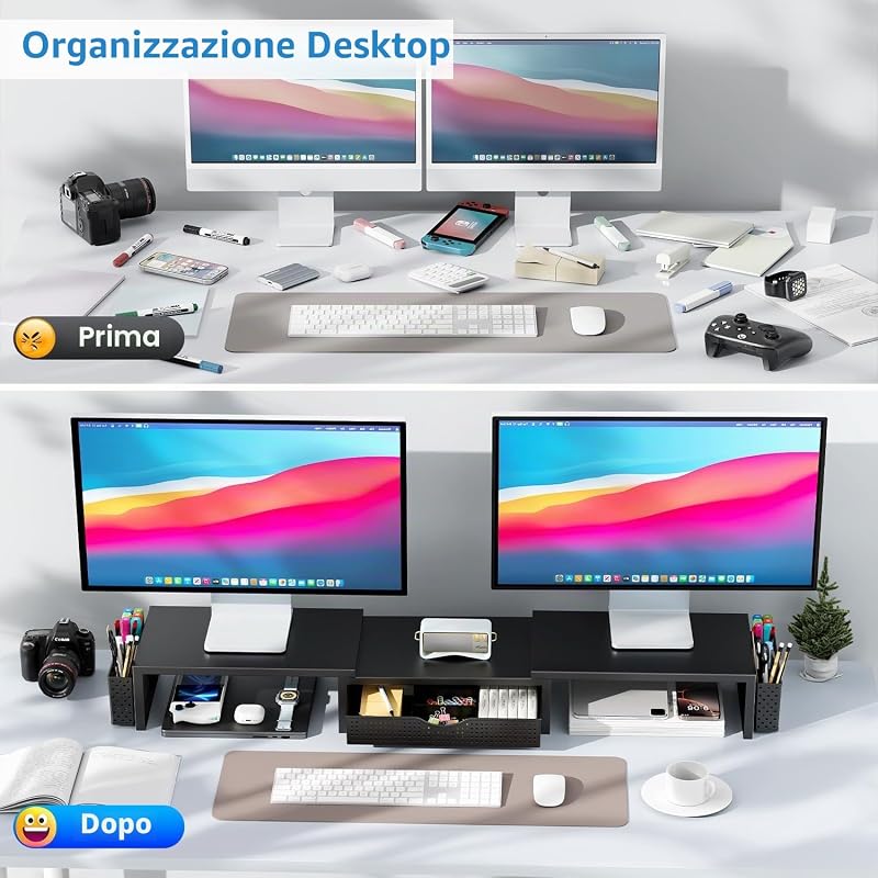 Supporto per doppio monitor, accessori da scrivania in metallo con cassetto e 2 portapenne, lunghezza e angolazione regolabili, supporto per monitor del computer per schermo, computer