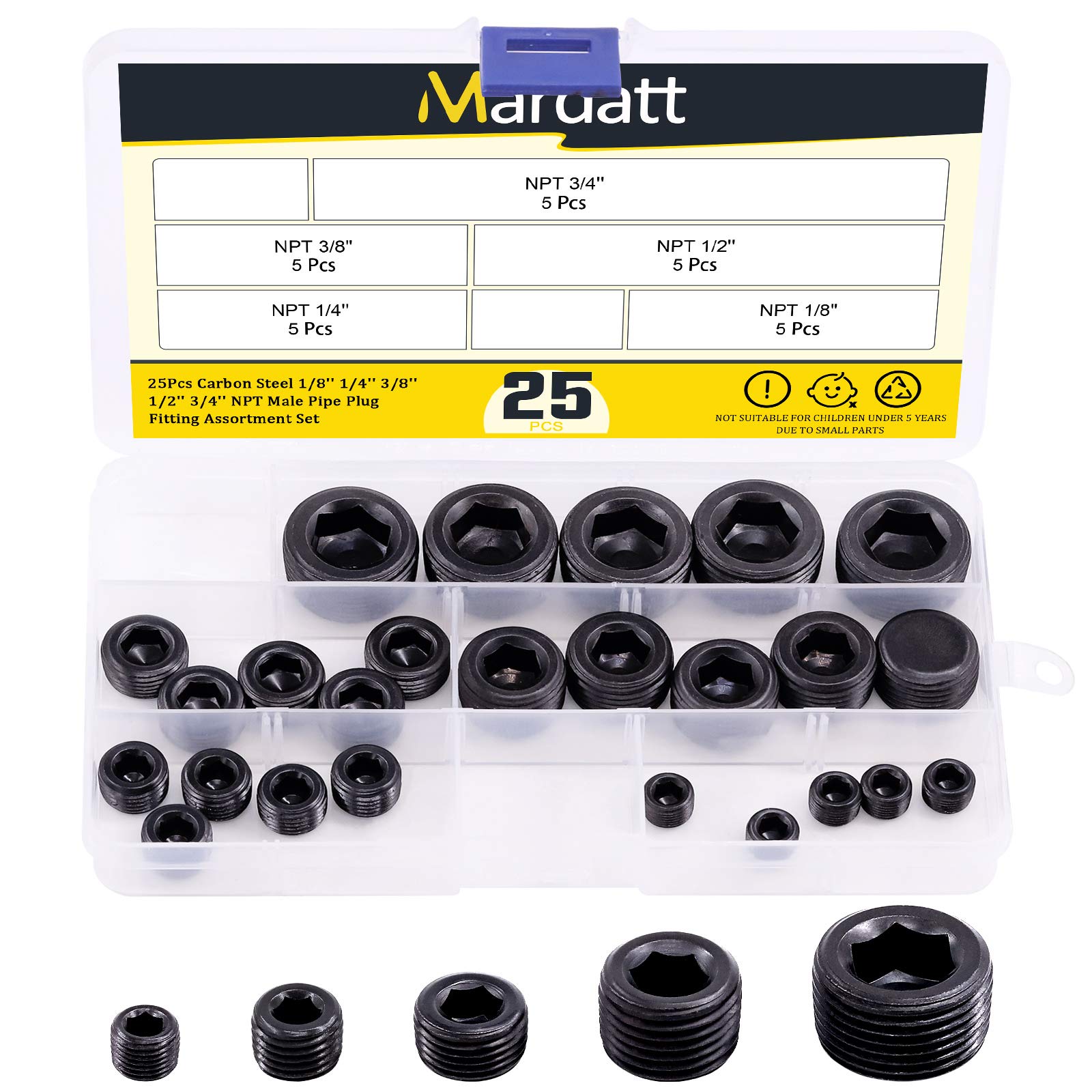 Mardatt 25Pcs NPT Plug Set Pipe Plug Assortment Kit 1/8" 1/4" 3/8" 1/2" 3/4" Carbon Steel Male Thread Internal Allen Head Pipe Plug Set