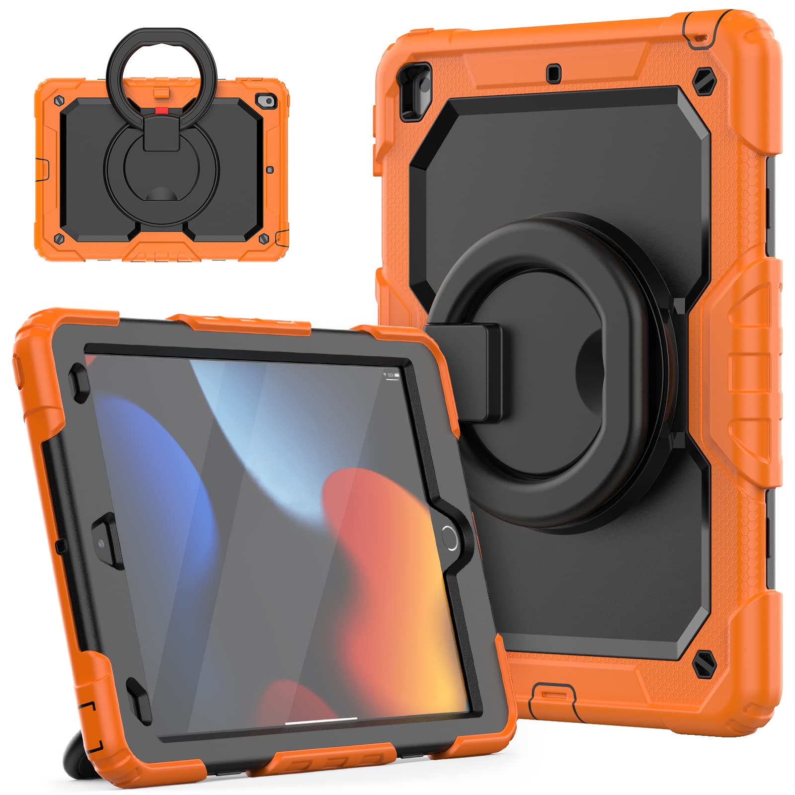 HUEZOE iPad Case 10.2 Inch 2021/2020/2019 Shockproof Full Body Protective Cover with 360 Degree Rotating Stand Shoulder Strap for iPad 9/8/7, Orange