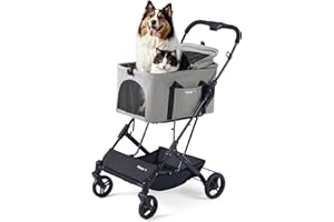 ibiyaya Essential – Travois Tri-Fold Pet Travel System for Medium Dogs, Cats, and More, 3 in 1 Dog Stroller with Detachable Carrier, XL Cabin (Taupe Gray)